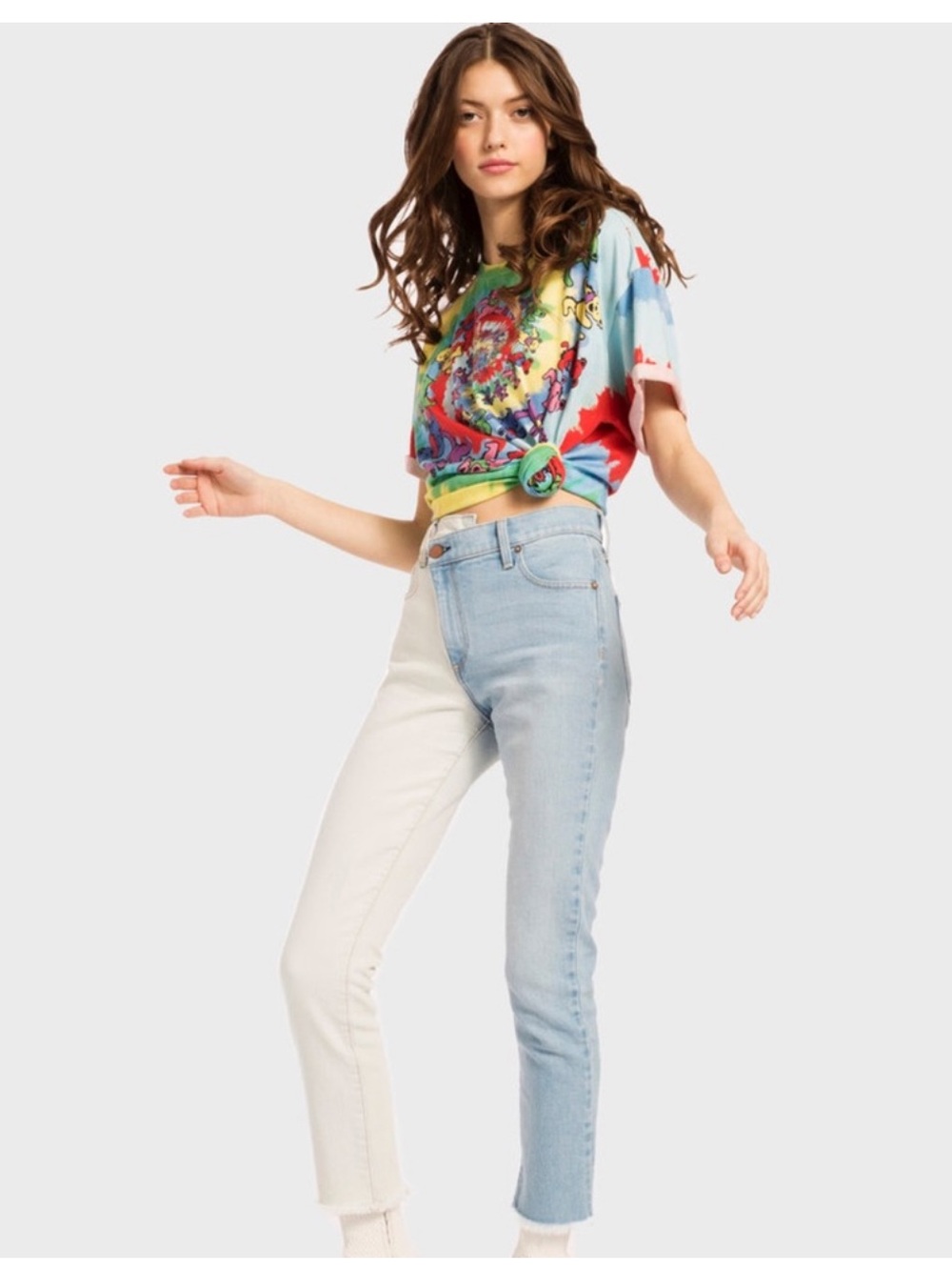 ALICE + OLIVIA Amazing Two Tone High Rise Jean Asymmetrical Blue Denim Size 26